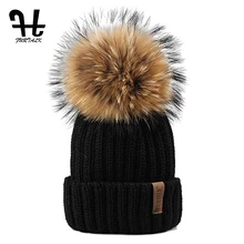 Furtalk Knitted Real Fur Hat 100% Real Raccoon Fur Pom Pom Hat Winter Women Hat beanie for women