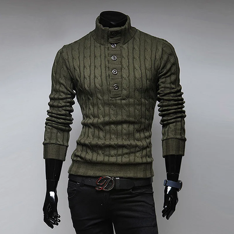

2019 Top Selling New Spring Fashion Mens Turtleneck Sweater Solid Color Slim Buckle Korean Sweater Men Pullover Free Shipping