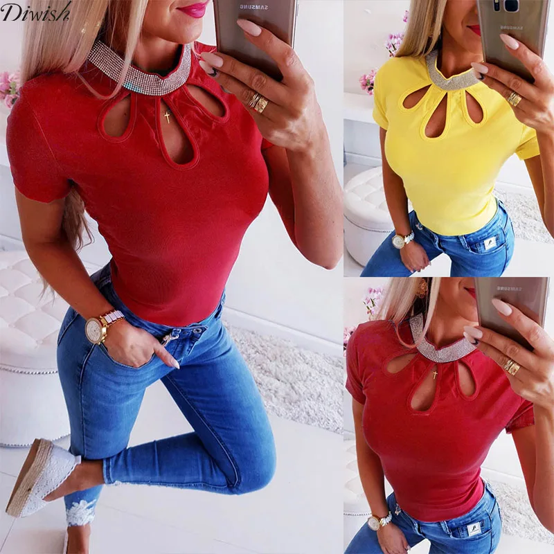 

Diwish New Arrival Solid T Shirt Women Tops Sexy Fashion Hollow Out Hot Drilling Tops Short Sleeve O-neck Tee-shirt 2019