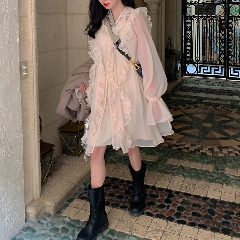 

2019 Spring New Sweet Lotus Leaf Edge Fairy Gas Small Fresh Sweet Dress V-Neck Flare Sleeve Straight Sexy Dress Women