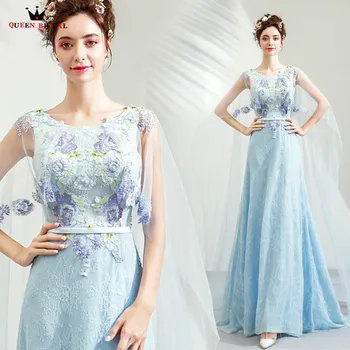 

Sky Blue A-line Lace Flowers Pearls Long Elegant Formal Evening Dresses 2020 New Arrival Evening Gown Robe De Soiree JU71M