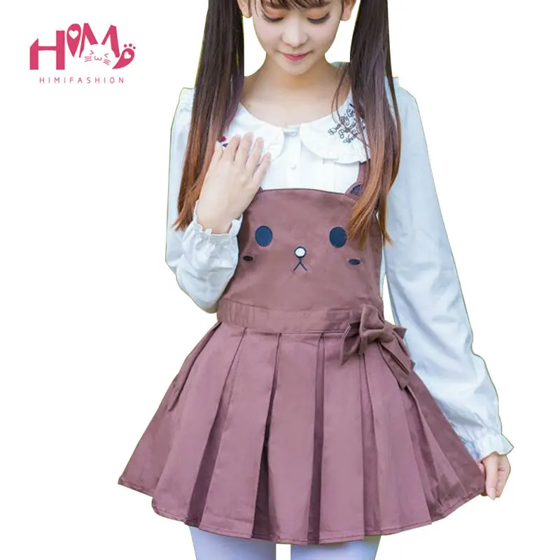 

Japanese Teens Girl Cute Dress Fasten Lovely Coffee Summer Dress Shoulder-straps Embryonic Cartoon Bear Pleated Suspender Dress