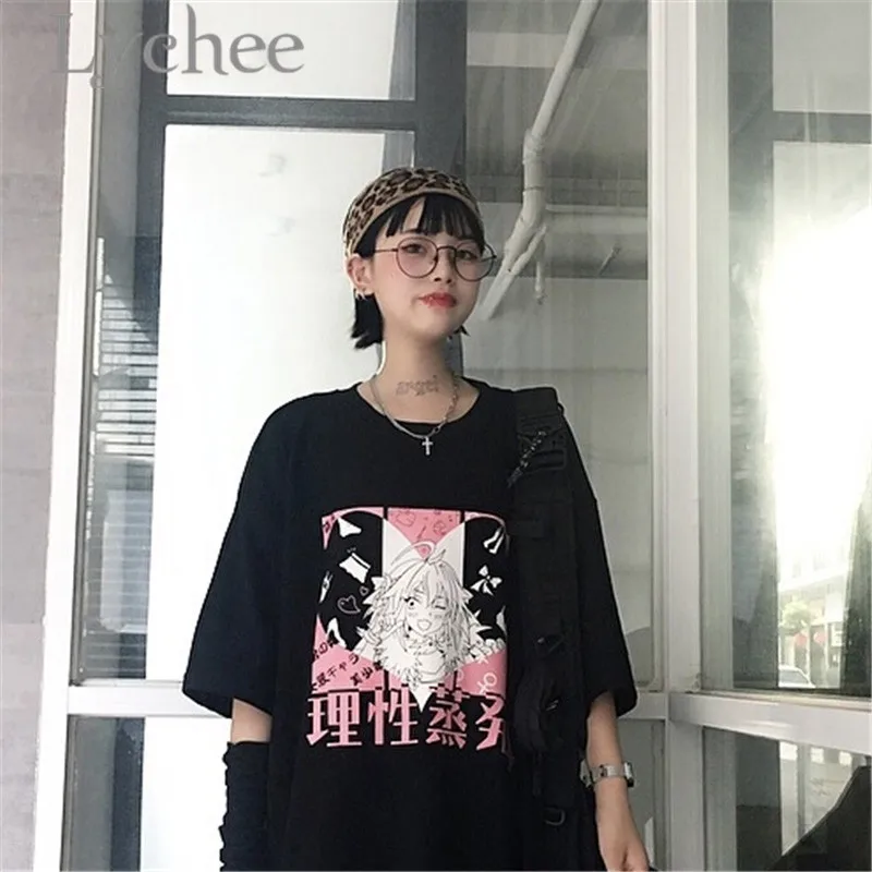  Lychee Streetwear Japanese Girl Heart Print Women Top Tees T-shirt Short Sleeve Crew Neck Loose Spr
