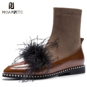 

Prova Perfetto New Fashion Rivet Feathers Embellished Low Heels Ankle Boots Shoes Woman Luxury Pointed Toe Gladiator Boots Women