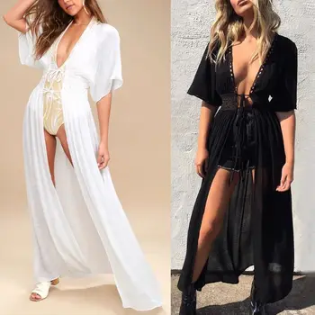

Womens Summer Sheer Swimsuit Cover Up Hollow Crochet Floral Lace High Waist Belted Maxi Kimono Cardigan Solid Color Beach Dress