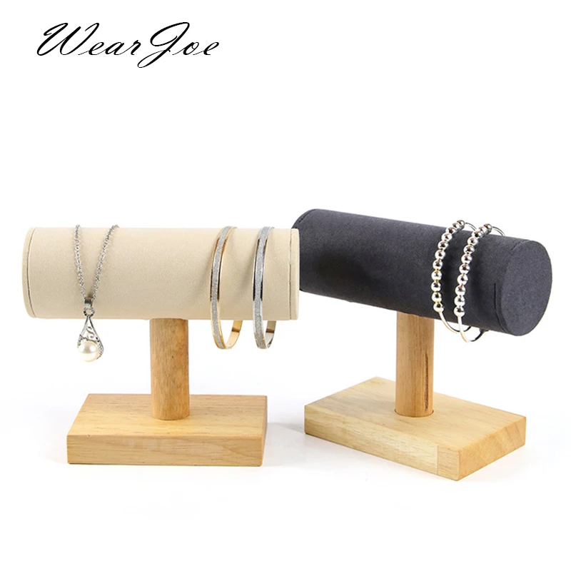 Solid Wooden T-bar Jewelry Bracelet Watch Stand Display Hair Tie Headwear Holder Necklace Hanging Organizer Desktop Storage Rack