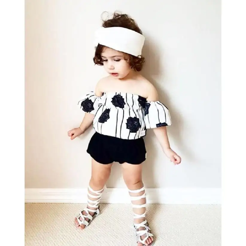 

Infant party newborn baby girl clothes Sets Off Shoulder Flower Rose Striped Tops+Shorts toddler Princess girl kids outfit 2018