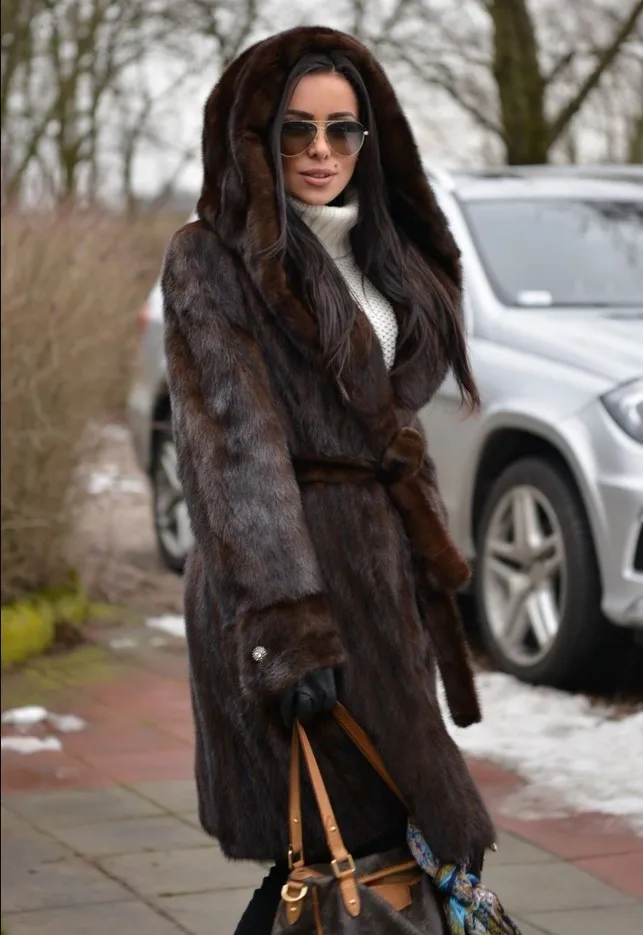 Трендовое новое пальто из меха норки кофе, куртки из натурального меха для женщин, плюс размер, теплое пальто из норки с капюшоном, верхняя одежда, топы MKW-028