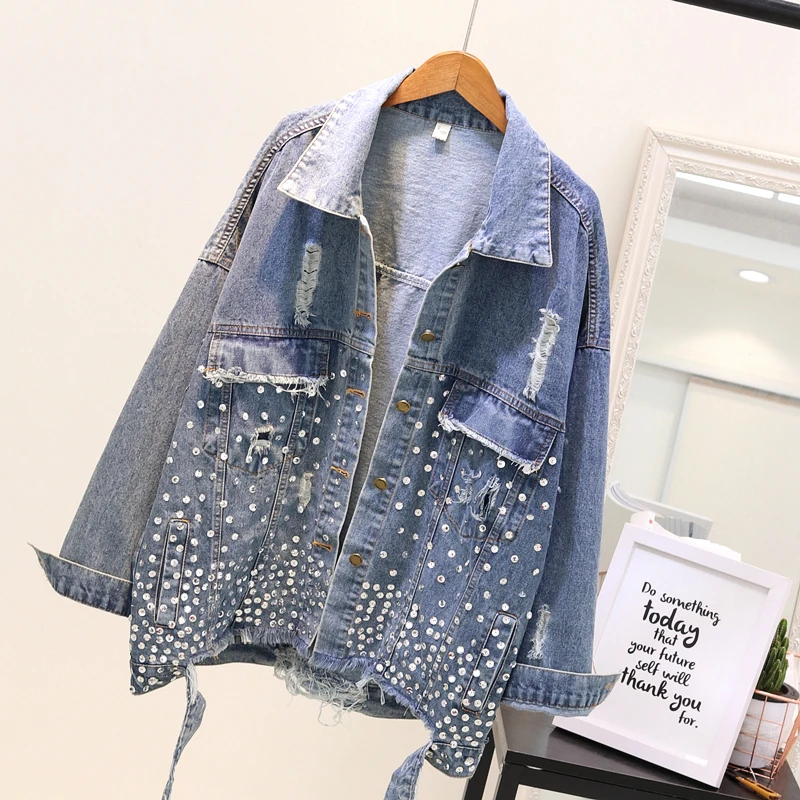 Veste Manches Longues Tops Vestes Cassé Ulzzang Lourd Lâche 2018 L'europe Femme De Paillettes Et Bleu Trou Femelle L'automne Denim À Manteaux Femmes TxUHUg