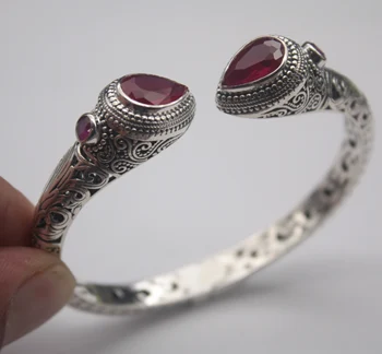 

Real S925 Silver Bangle Red Crystal Unique Pattern Women's 55-58mm Open Bangle Gift Fashion Friend Hot Sale