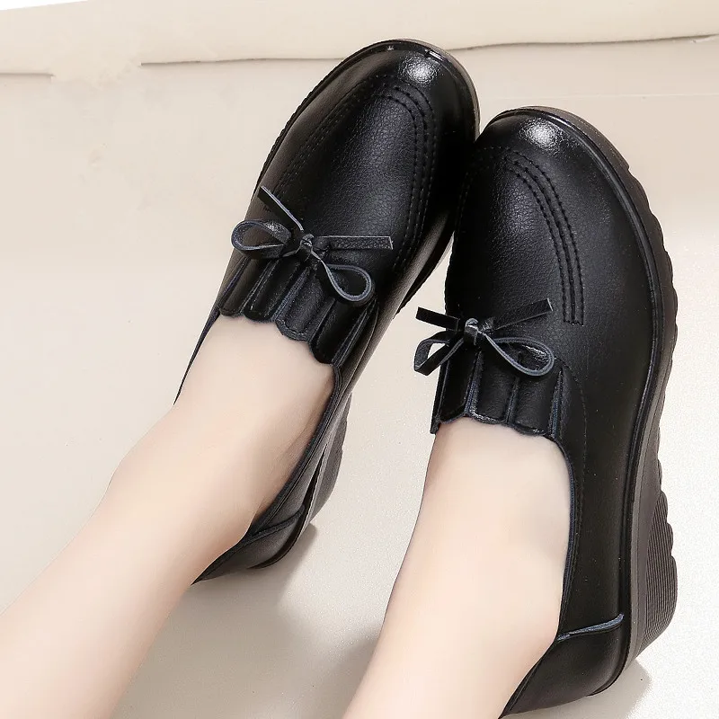Autumn new fashion slip on women high heels shoes Woman Wedges Leather Single Casual Shoes Comfortable Women Pumps 35-41