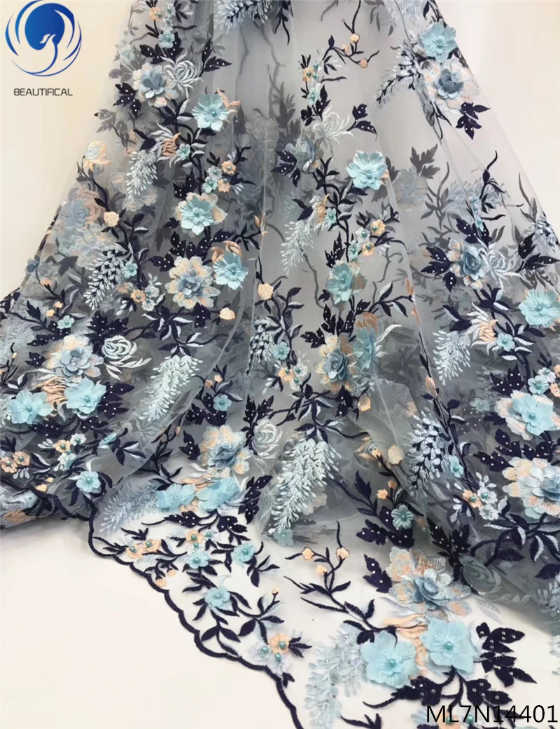 

BEAUTIFICAL 3d handmade lace fabric 3d flower lace fabric lace bridal material 3d online 5 yards/lot with beads for sale ML7N144
