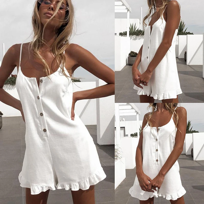 

Summer White Sexy Mini Straps Jumpsuit 2019 Women's Casual Ruffled Backless Jumpsuit Bohemian Beach Vacation Club Party Jumpsuit