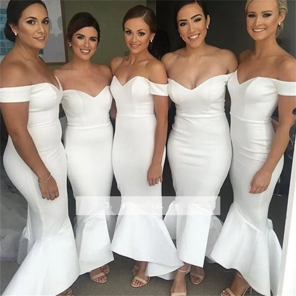 

White 2019 Cheap Bridesmaid Dresses Under 50 Mermaid Off The Shoulder Hi Low Long Wedding Party Dresses For Women