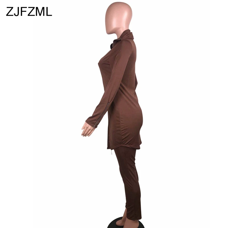 ZJFZML Повседневный 2 шт спортивный костюм женский отложной воротник с длинным рукавом с капюшоном топ+ длинные облегающие брюки осень передняя молния комплект из двух предметов