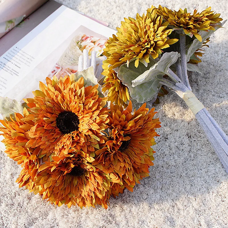 Многослойный цветочный букет Гербера с 6 головками, с напылением на руках, искусственные цветы, хризантема, украшение для дома, свадебный реквизит