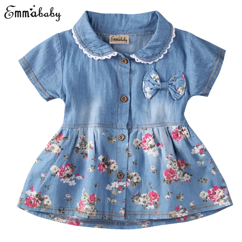 

2017 Toddler Infant Kids Baby Girls Dress Summer Flower Clothing Princess Party Bow Denim Dress A Line Sundress