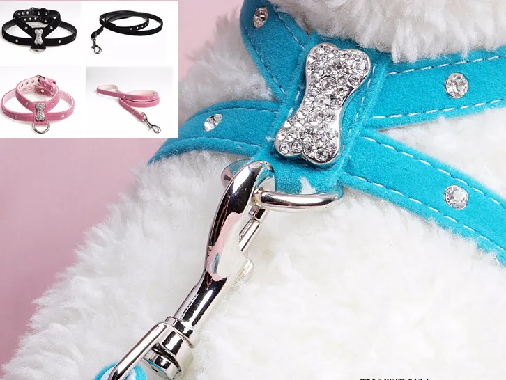 

Bling Rhinestone Bone Velvet & Leather Pet Puppy Dog Collar Harness Chihuahua Teacup Care S M L Red Black Hot Pink Free Shipping