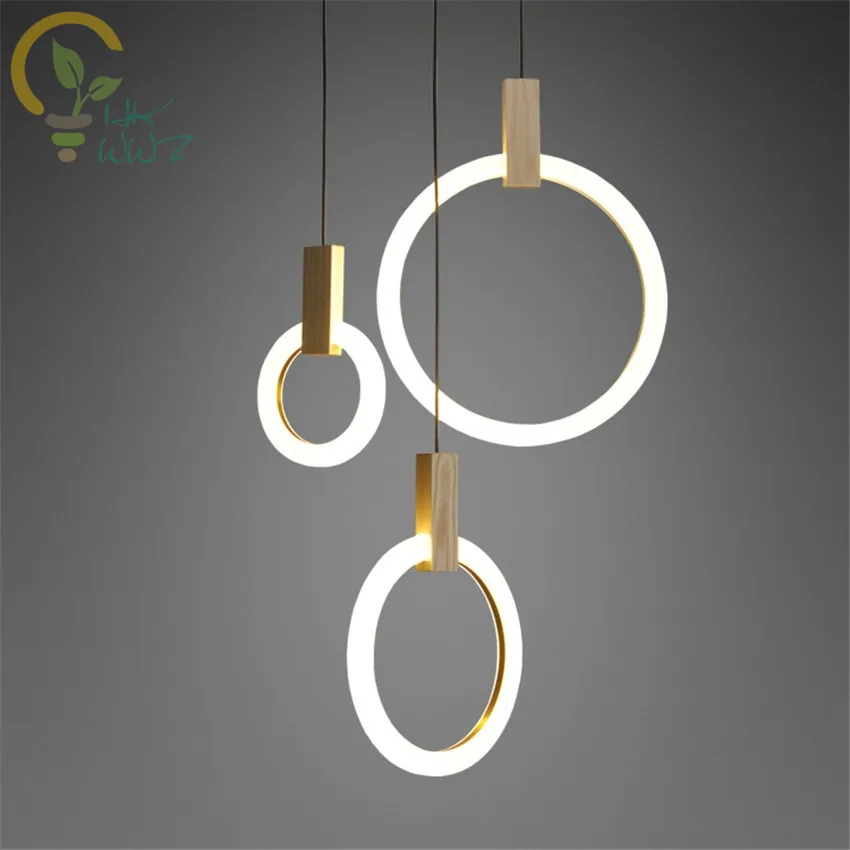 Günstig Moderne Holz Led Anhänger Lichter Für Lobby Esszimmer Acryl Ring Kunst Dekoration beleuchtung Antiken Gold suspension Anhänger Lampe