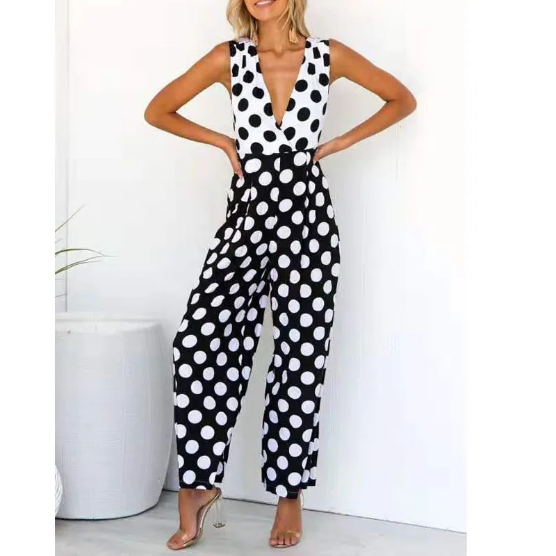 

2019 V Neck Loose Jumpsuits Casual Sleeveless Romper Overalls For Women Dot Outerwear