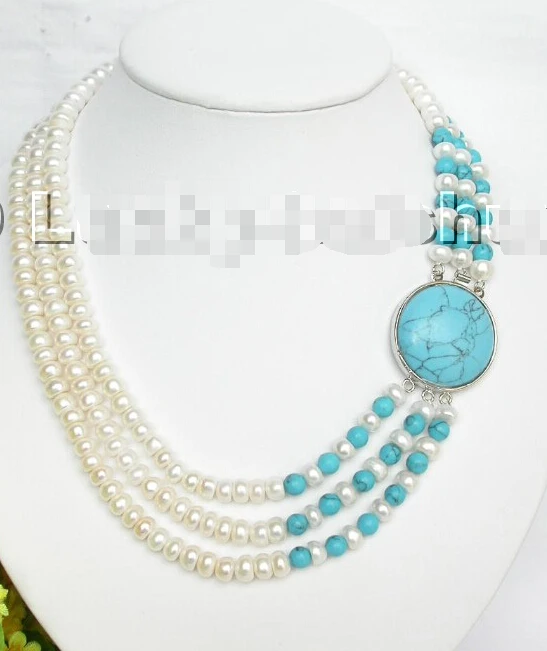 

FREE shipping>>>>3strand white freshwater pearl turquoise necklace new