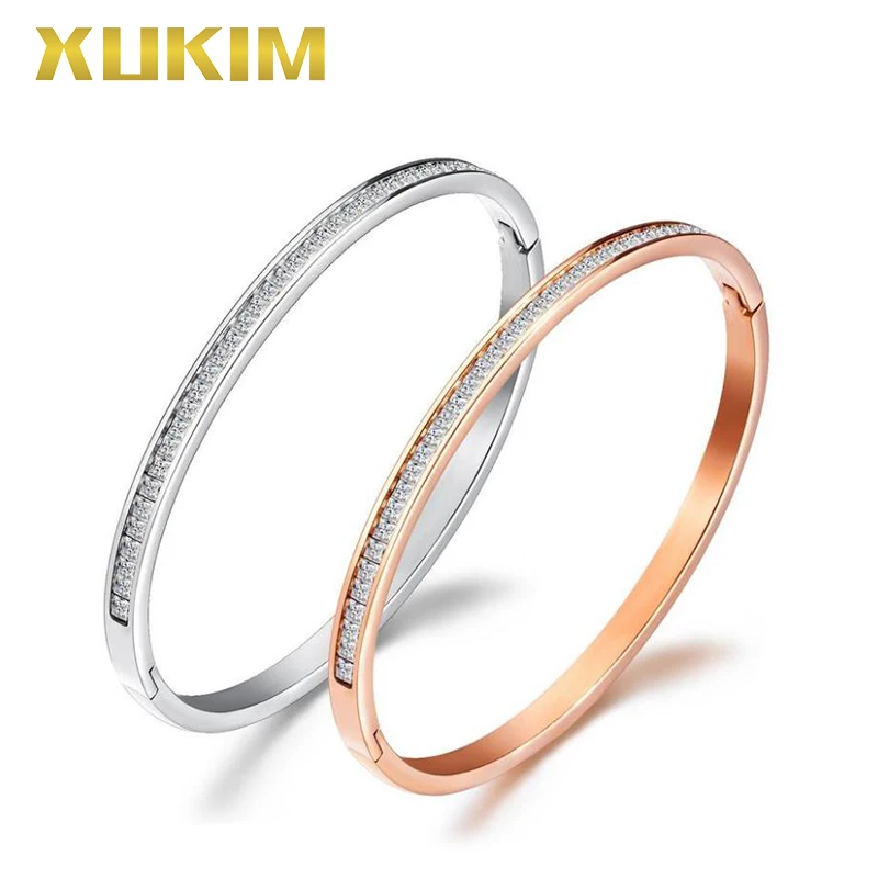 

SSB083 Xukim Jewelry CZ Stainless Steel Custom Logo Rose Gold Bracelet Bangle