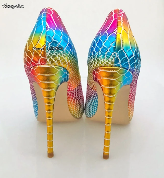 New Pointed Toe Shoes Women Colorful Rainbow Snake Printed Pumps 8/10/12cm High Heels Genuine Leather Stilettos Women Shoes