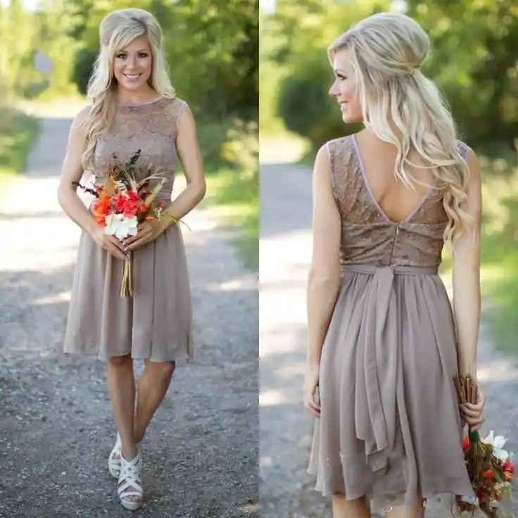 Brown Ngắn Mộc Mạc Bridesmaid Dresses Ren Voan Top Mùa Hè Thức Bridesmaid Dresses Ren Voan