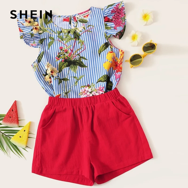 SHEIN Kiddie Ruffle Floral Print Blouse And Shorts Casual Two Piece Set 2019 Summer Cap Sleeve Striped Pocket Child Clothes Sets SHEIN Kiddie Ruffle Floral Print Blouse And Shorts Casual Two Piece Set 2019 Summer Cap Sleeve Striped Pocket Child Clothes Sets
