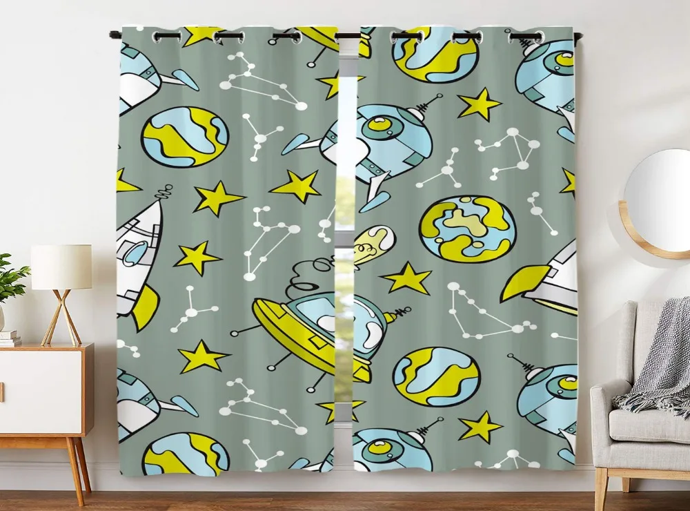 

Blackout Curtains 2 Panels Grommet Curtains for Bedroom Interesting Outer Space Solar System Smiling Planet Sun