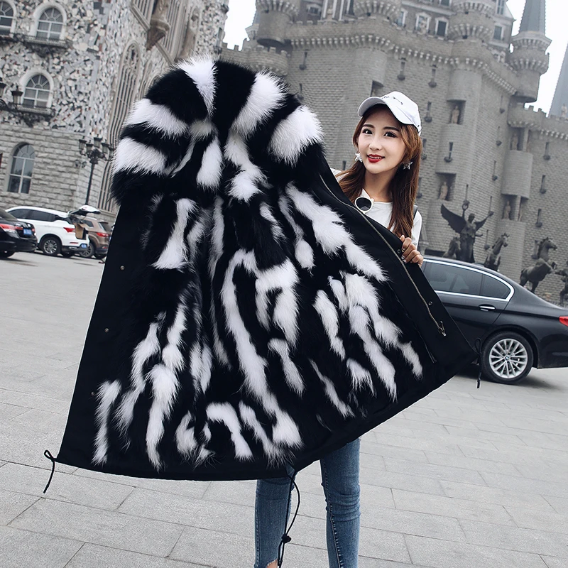 

Colorful Real Fur Inner Parkas Mujervcoat 2018 Middle Long Women Super Large Natural Raccoon Fur Hooded Loose Warm Clothing