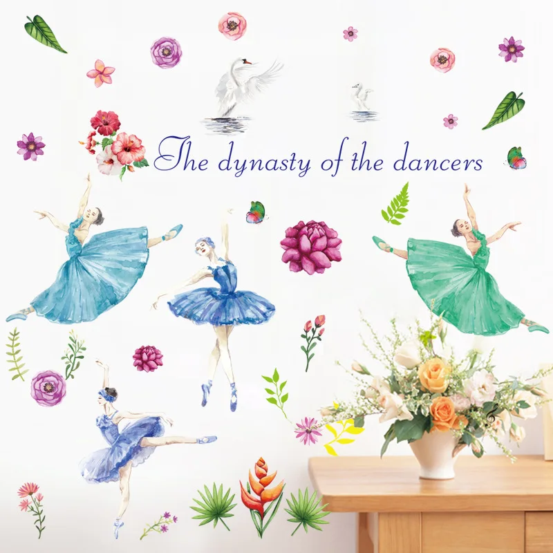 

Ballet dancing girls wall stickers creative cartoon hand drawn ballet girl flowers kids girls rooms pvc home decor dance decals