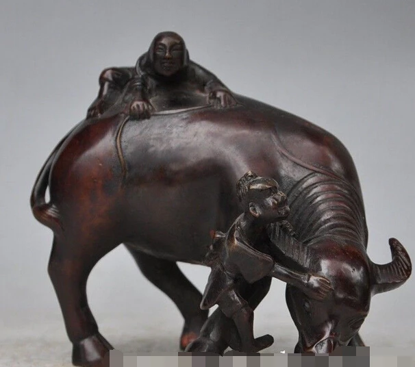 

shitou 002932 6"Chinese Folk Fengshui Bronze copper Zodiac Oxen Bull Boy Animal lucky Statue
