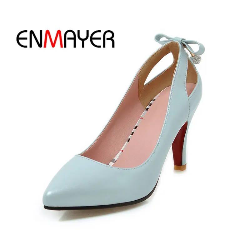 

ENMAYER New Arrival 2018 Fashion Woman Pumps Suede Slip on Pointed Toe Shoes Spring High Quality Female Heel Shoes Blue White