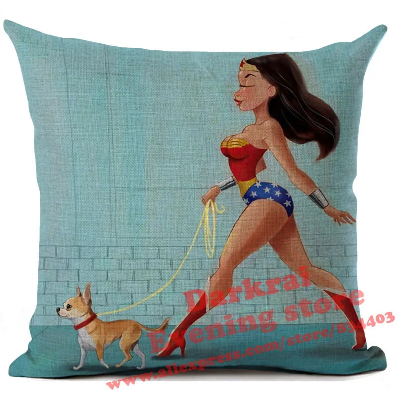Funny Cushion Cover Wonder Woman Walk The Dog Printed Throw Pillows Car Sofa Living Room Home Decoration Pillow Case - Цвет: 6