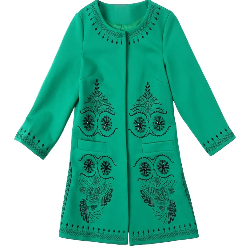 

Best Quality Women Long Coat Trench 2018 Autumn Winter Overcoat Female Hand Made Beading Embroidery Wide-Waisted Coat Outwear