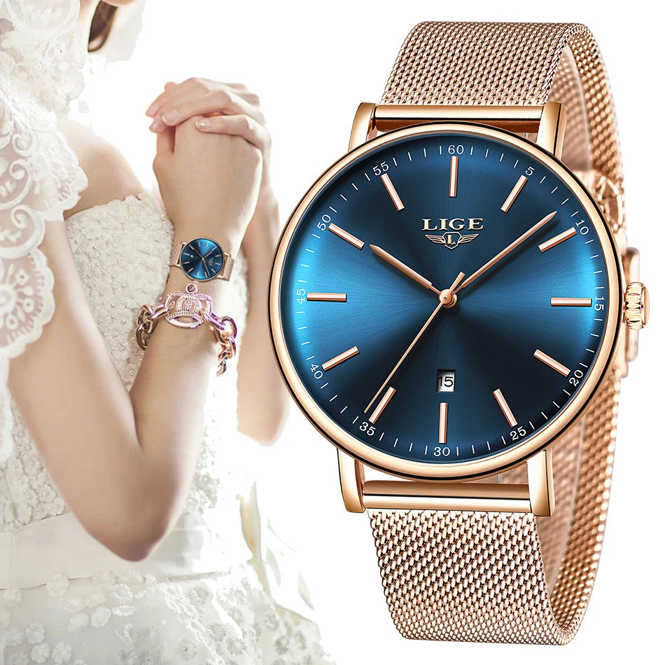 LIGE женские часы из нержавеющей стали с сетчатым ремешком водонепроницаемые часы простые 8 мм ультра-тонкие кварцевые часы наручные часы для женщин+ коробка