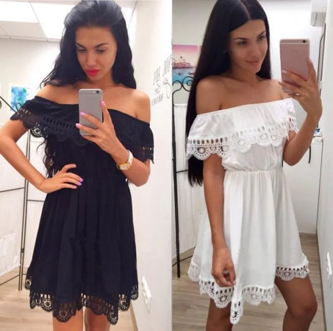 

2018 Fashion women Elegant Vintage sweet lace white Dress stylish sexy slash neck casual slim beach Summer Sundress vestidos