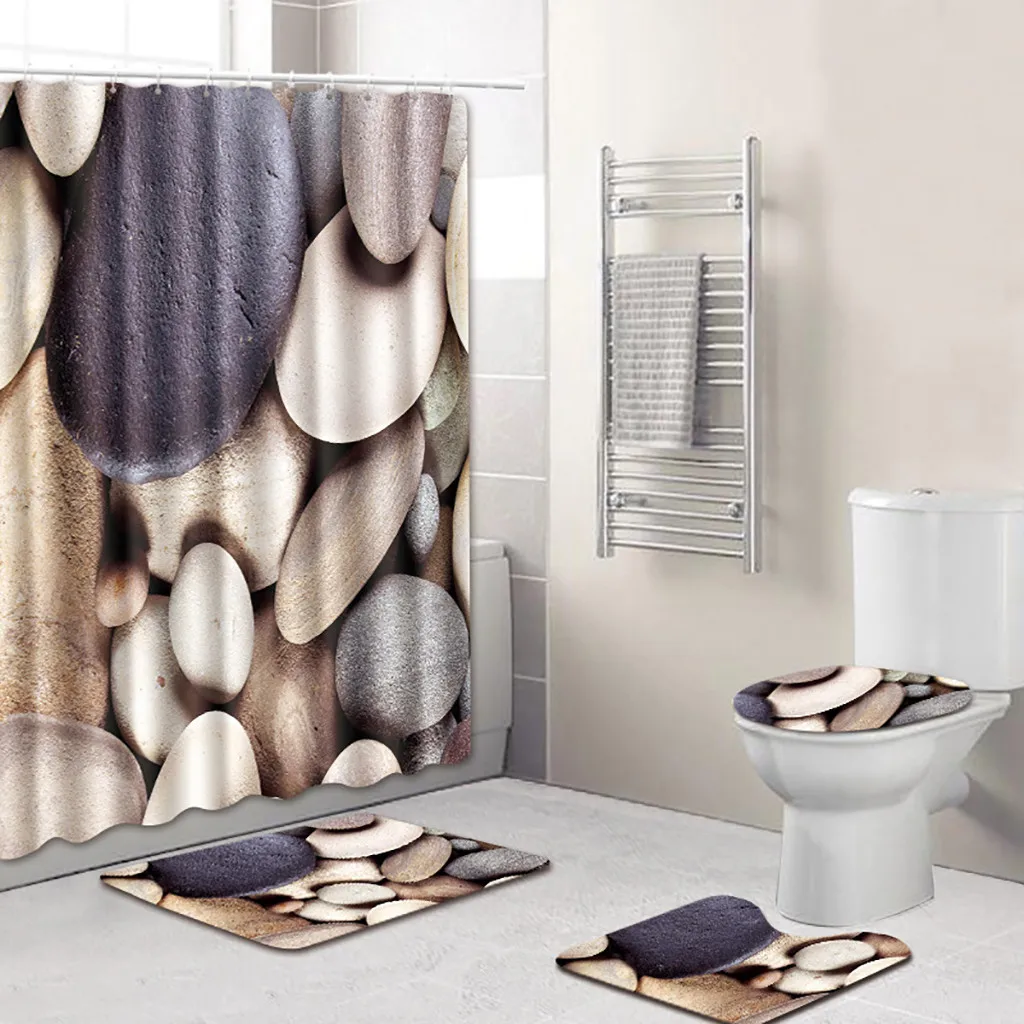 

Bathroom Mat Set 4Pcs Flannel Bath And Toilet Mat sets Sea Style Non Slip Polyester Cover Mat Set Bathroom Shower Curtain K717