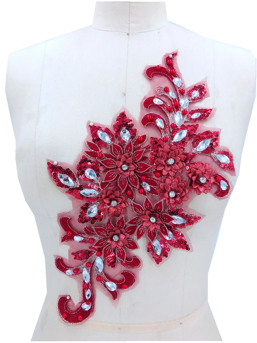 sew on rhinestones wine lace applique sew on trim patches 38*16cm for