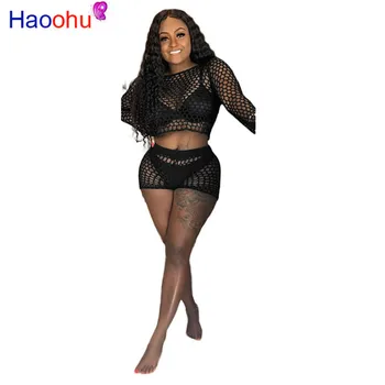 

Fishnet Hollow Out Sexy 2 Piece Matching Set Women O Neck Long Sleeve Crop Top+ Biker Shorts Suits See Through Two Piece Outfits
