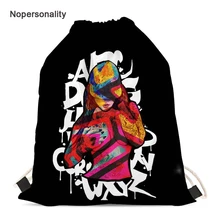 Nopersonality Black Graffiti Print Drawstring Bag for Women Casual Student Kids School Backpack Lightweight Travel Storage Bags