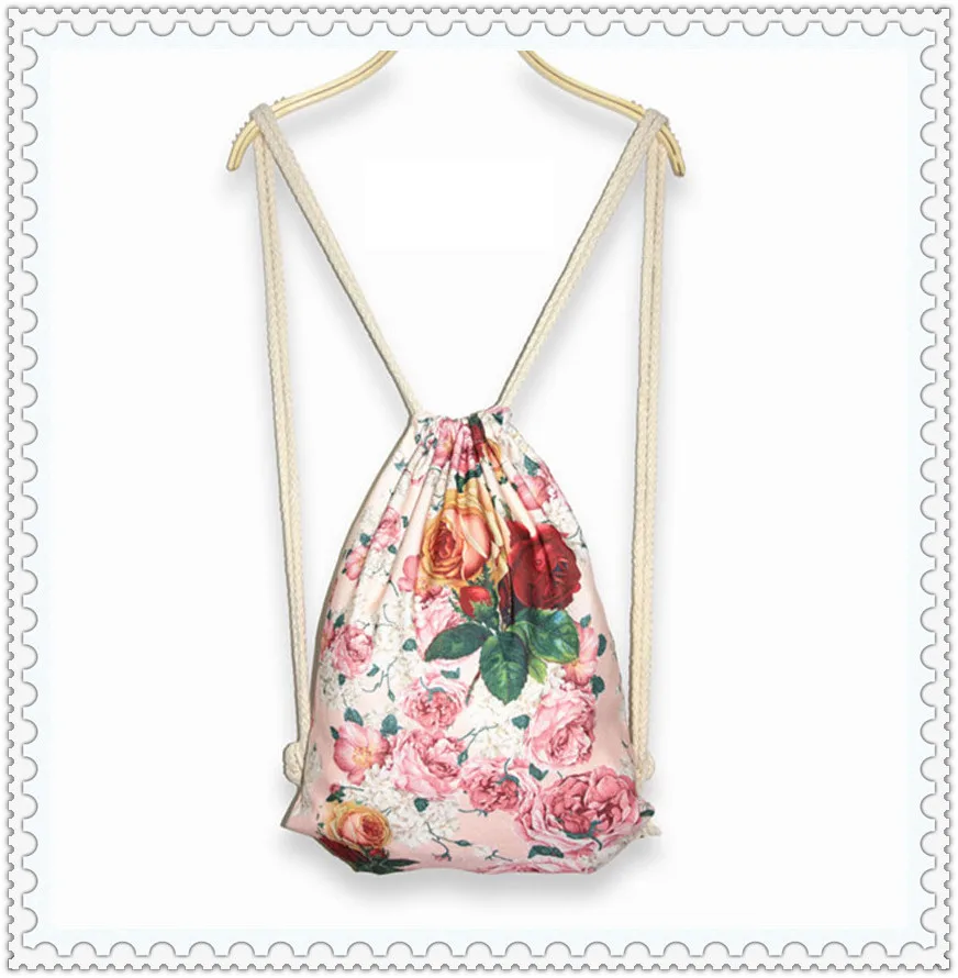 

1pcs/lot size 37x46cm HIHG QUALITY women canvas drawstring backpack flower teenage girls
