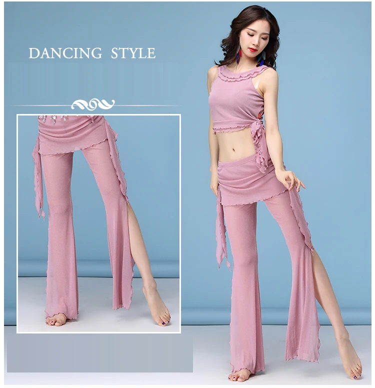 Женские костюмы для танца живота, модная одежда для танцев, 2 предмета, топ + штаны для девочек, брюки с вилкой, одежда для латинских танцев