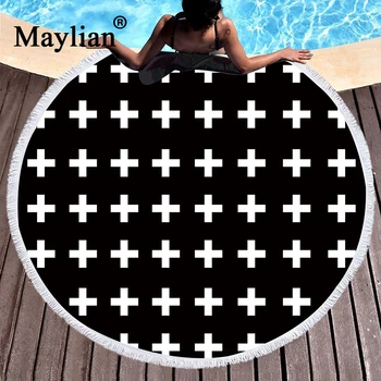 

Microfiber Round Beach Towel Large Bath Towel for Adults Kids Summer Toalla Black Cross Printed Tassel Tapestry beach towel T92
