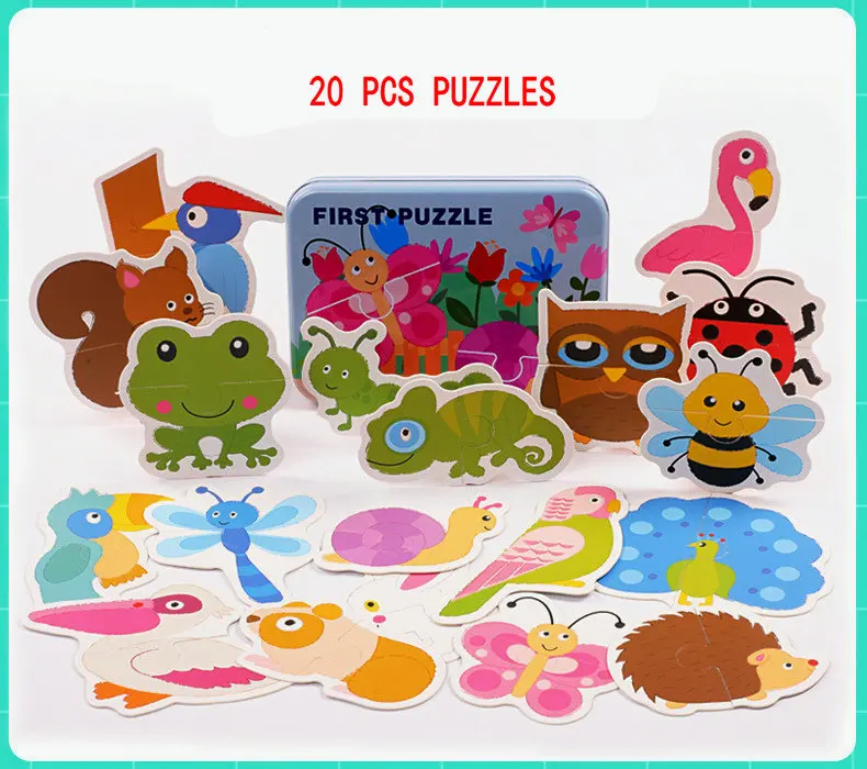 20 pieces Large puzzles Iron box packing, Early childhood educational enlightenment puzzle, 1-2-3 years old Paper puzzles toys