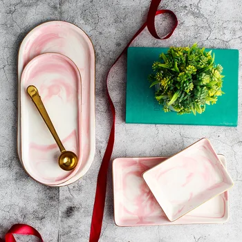 

Ceramic Plate Pink Tray Dinner Plate Oval Rectangle Platos Sushi Dish Flat Plates Marbling Tray Cake Tray Vajilla Ceramica 1pcs