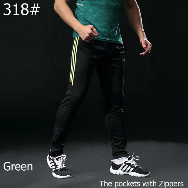 Брюки Футбол Для мужчин тонкий для футбола и бега брюки с карманами на молнии карман леггинсы, трико, брюки спортивный костюм для футбольных тренировок - Цвет: 318 green
