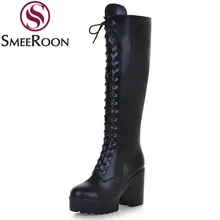Smeeroon/Новые мотоциклетные ботинки женская обувь ботинки на платформе со шнуровкой и боковой молнией Толстая Высокая подвеска каблуки женские сапоги до колена