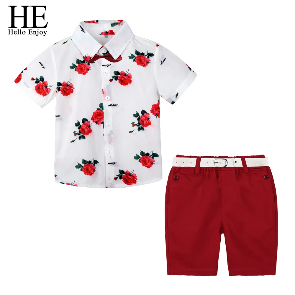 HE Hello Enjoy Boys Boutique Clothing Fashion Baby Boy Clothes Summer Set Gentleman Print Floral Bow Tie Shirt+Shorts Suits Kids